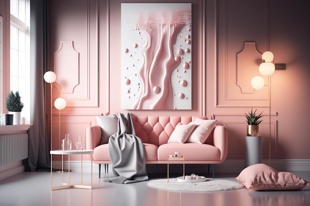 Un salon avec un canapé rose et une lampe au mur.