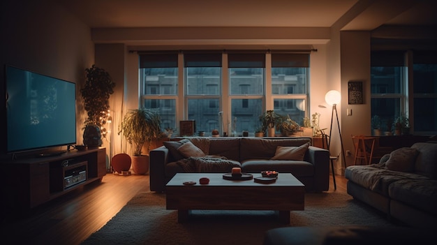 Un salon avec un canapé et une table basse devant une fenêtre qui dit 'la maison est sombre'