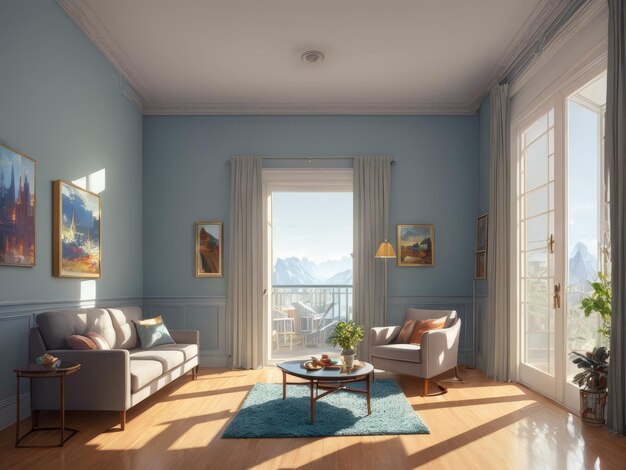 Un salon avec un canapé et une table basse devant une grande fenêtre.