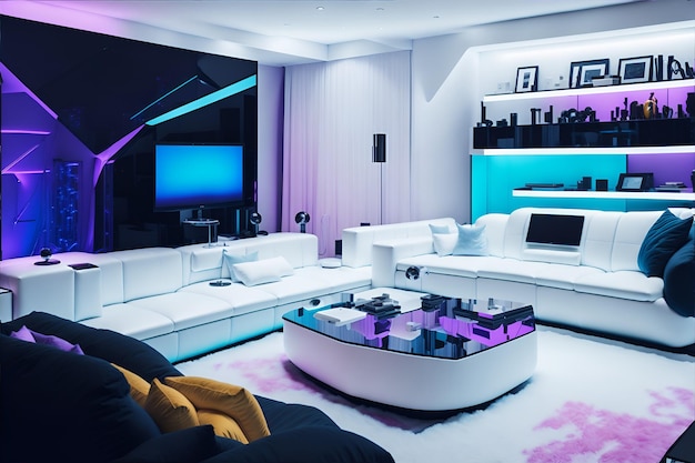 Un salon avec un canapé et une table basse avec un néon bleu et rose