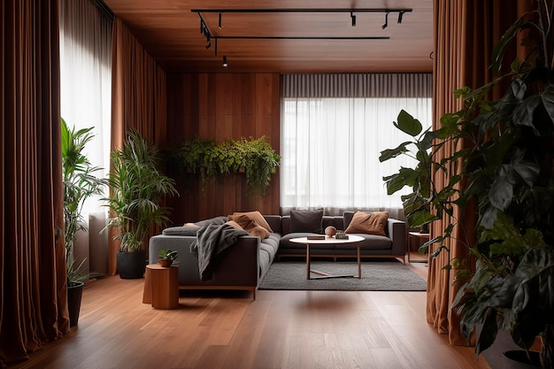 Un salon avec un canapé et une table basse avec une plante dans le coin.