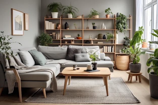 Un salon avec un canapé et une table basse.