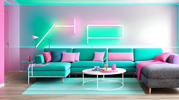 Un salon avec un canapé, une table à café et une grande lumière verte