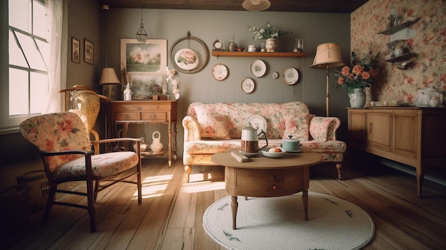 Un salon avec un canapé, une table et des photos au mur.