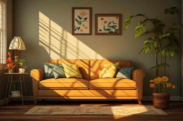 Un salon avec un canapé une table et une plante au mur