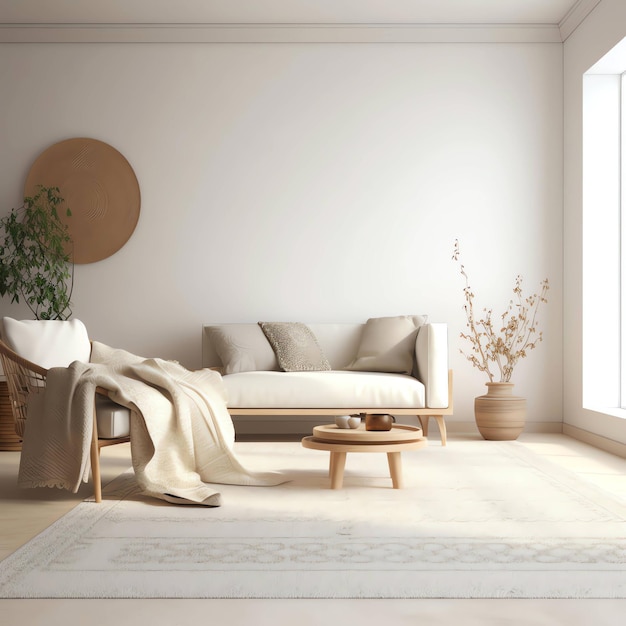 Un salon avec un canapé, une table et une plante au mur.