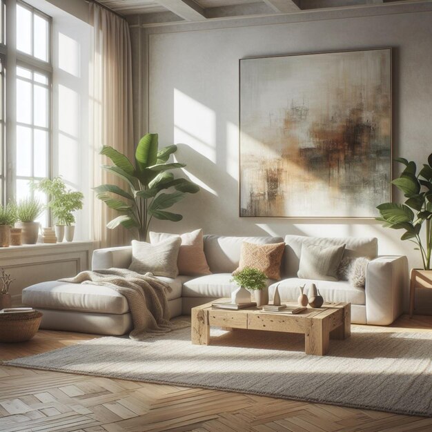 un salon avec un canapé une table une plante et une peinture sur le mur