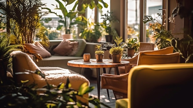 Un salon avec un canapé et une table avec des plantes dessus