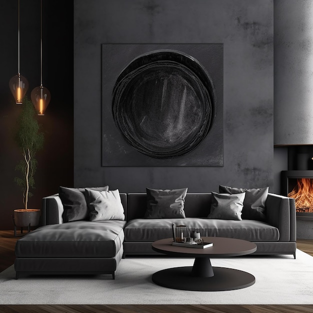 un salon avec un canapé et une table ronde avec un grand tableau circulaire au mur.