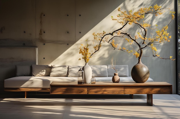 Un salon avec un canapé et une table avec des vases et un mur derrière avec un arbre