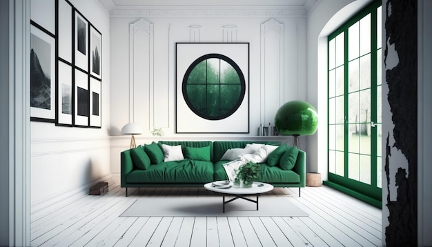 Un salon avec un canapé vert et un mur blanc avec une grande image d'un arbre.