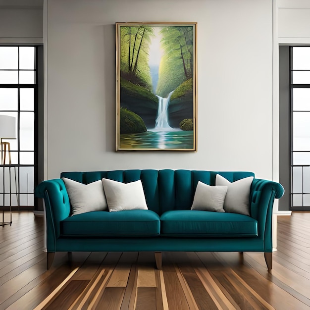 Un salon avec un canapé vert et une peinture représentant une cascade.