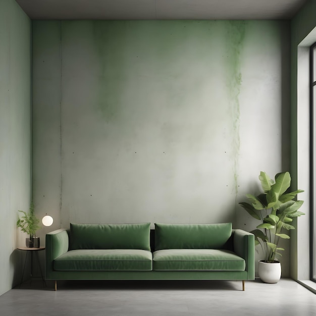 Salon avec canapé vert et pièce de décoration sur fond de mur de béton vide