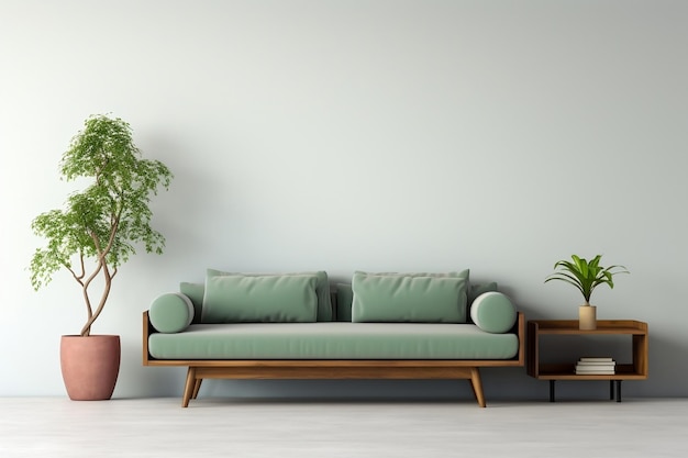 Un salon avec un canapé vert et une plante en pot AI
