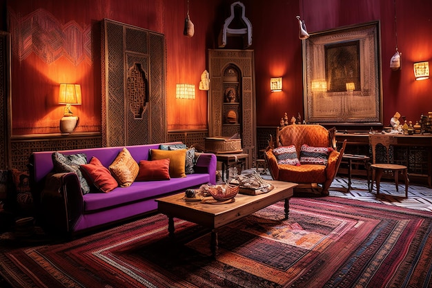 Un salon avec un canapé violet et une table en bois avec une lampe dessus