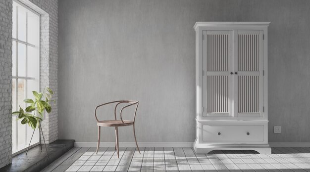 Salon avec chaise armoire blanche et fleur