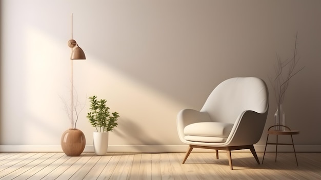 Un salon avec une chaise blanche et une plante en pot au mur.