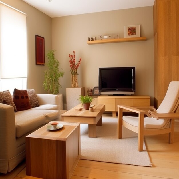 Un salon avec une chaise en bois et une table en bois avec une télévision dessus.