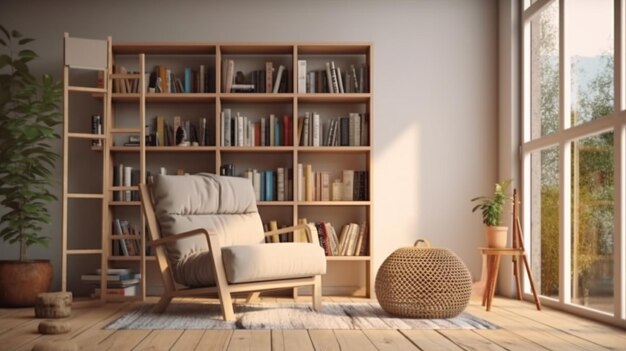 un salon avec une chaise et une étagère avec bibliothèques et un panier en osier.