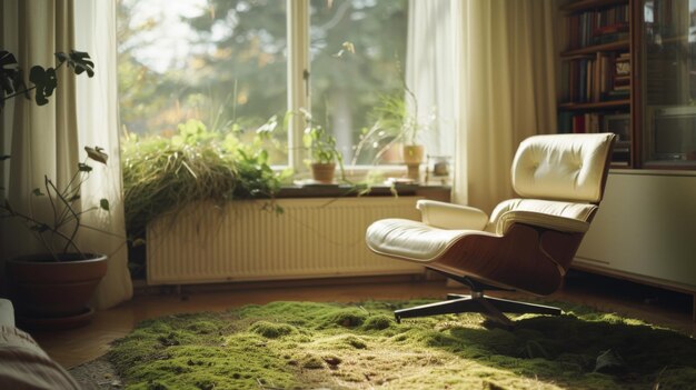 un salon avec une chaise et une fenêtre avec une plante sur le rebord de la fenêtre