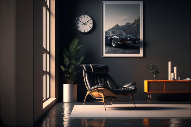 Salon avec une chaise et une horloge sur le mur générative ai