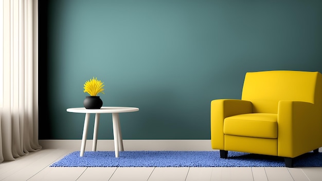 Un salon avec une chaise jaune et un tapis bleu.