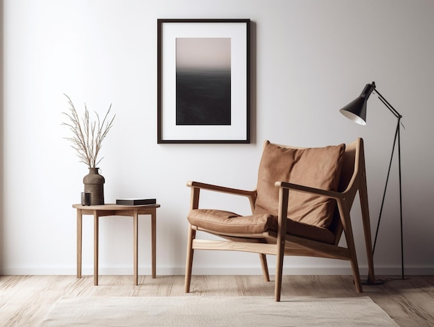 Un salon avec une chaise et une lampe au mur