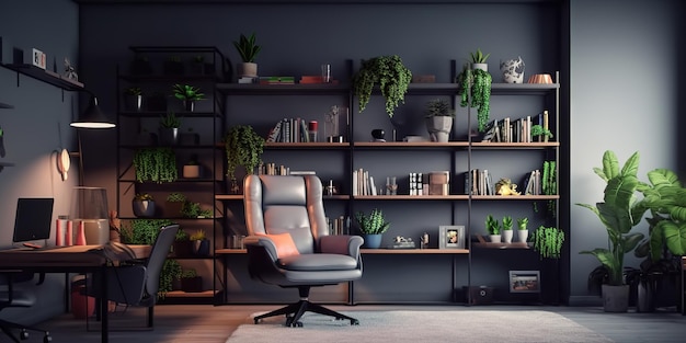 Un salon avec une chaise noire et des étagères remplies de plantes.