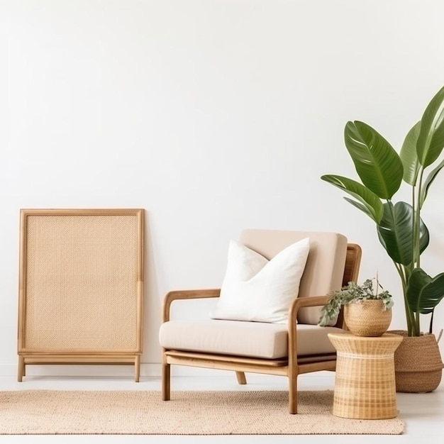 un salon avec une chaise et une plante dans le coin