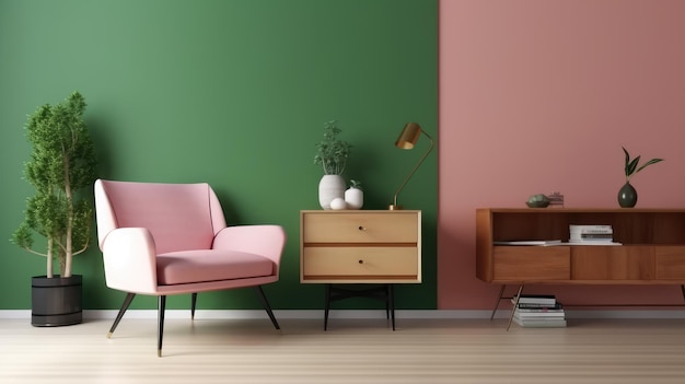 Un salon avec une chaise rose et un bureau avec une lampe.