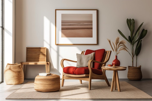 Un salon avec une chaise rouge et une table avec une photo de l'océan.