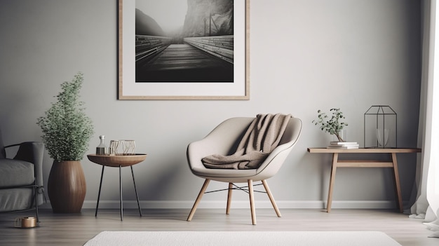 Photo un salon avec une chaise et une table avec une photo dessus.