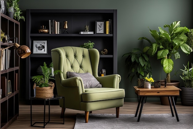 Un salon avec une chaise verte et une plante sur l'étagère.