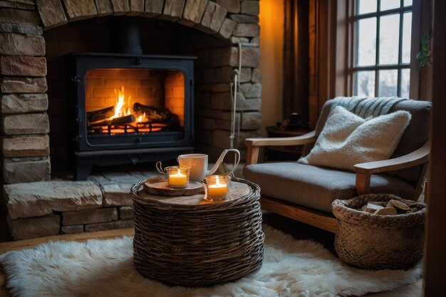 Photo un salon chaleureux et accueillant avec cheminée et neige