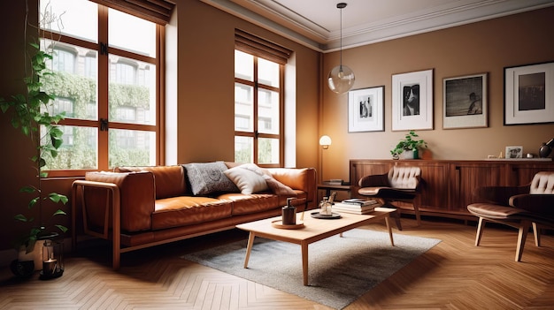 salon chaleureux avec un canapé brun et un grand cadre en bois de style scandinave IA générative