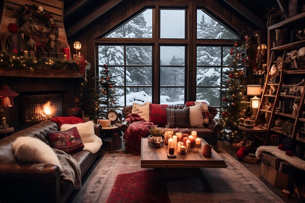 Un salon chaleureux et festif orné pour Noël d'une cheminée confortable