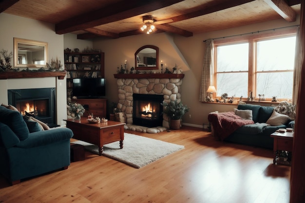 Un salon avec une cheminée et une cheminée avec un feu dans le coin.