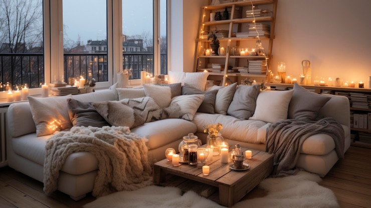 Photo salon avec cheminée décorée pour les bougies de noël et les décorations de noël
