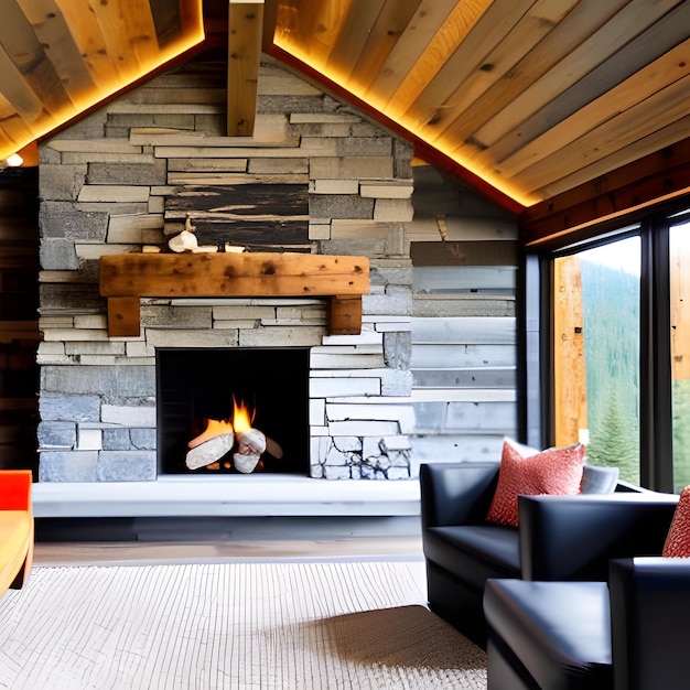 Un salon avec une cheminée et une grande fenêtre avec vue sur la montagne.