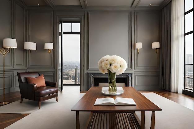 Un salon avec une cheminée et un vase de fleurs sur une table.