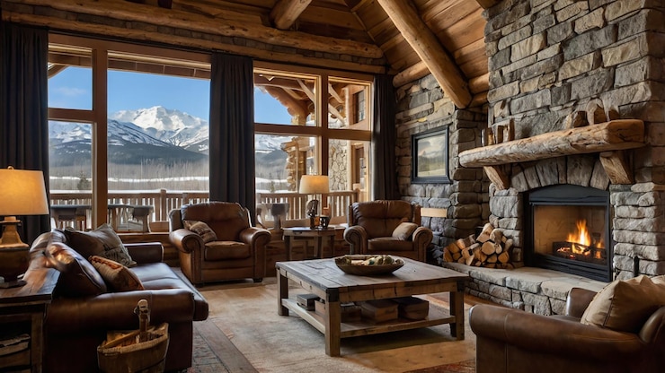 Photo un salon avec une cheminée et une vue sur la montagne