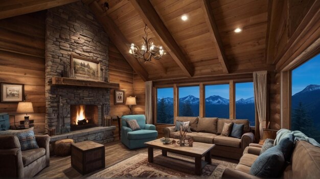 Photo un salon avec une cheminée et une vue sur la montagne