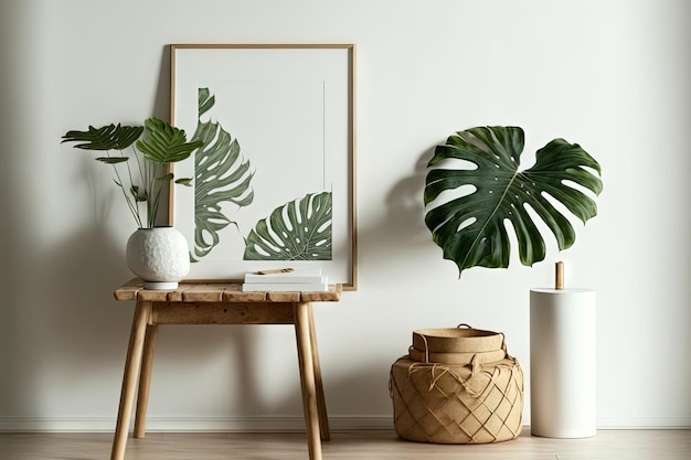 Un salon chic avec une maquette d'affiche encadrant un tabouret en bois