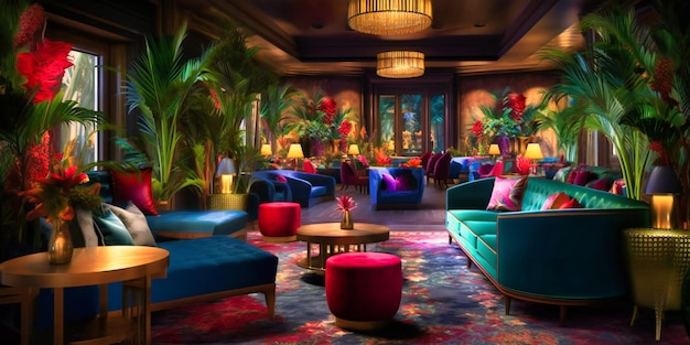 Un salon chic avec des meubles en velours moelleux et des plantes tropicales vibrantes vous invitant à vous détendre avec style