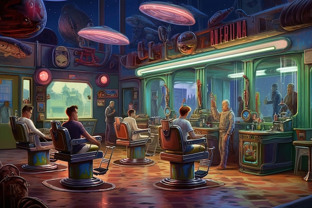 Salon de coiffure interplanétaire géré par des extraterrestres personnage extraterrestre illustration générative ai