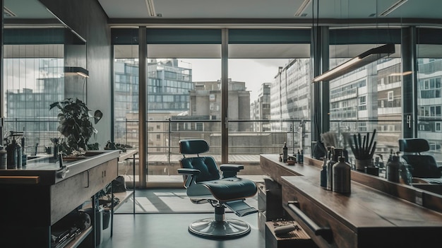 Salon de coiffure moderne avec vue sur la ville Un espace élégant et sophistiqué pour le toilettage AI générative