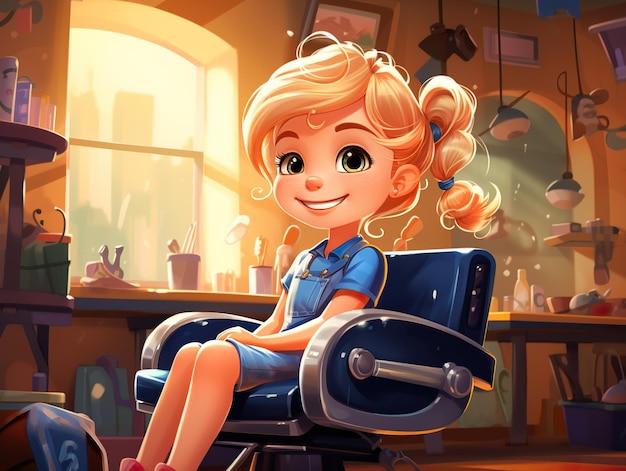 Salon de coiffure pour enfants petite fille blonde souriante avec son nouveau look de cheveux