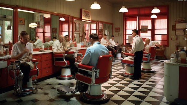 un salon de coiffure à rayures avec des hommes dans des chaises et un plancher à carreaux