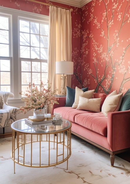 Salon confortable avec arbre de Noël et cadeaux rouges dans un intérieur moderne Fond de joyeux Noël