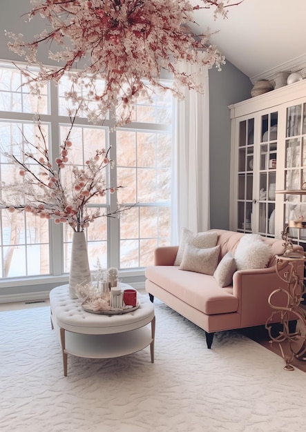 Salon confortable avec arbre de Noël et cadeaux rouges dans un intérieur moderne Fond de joyeux Noël